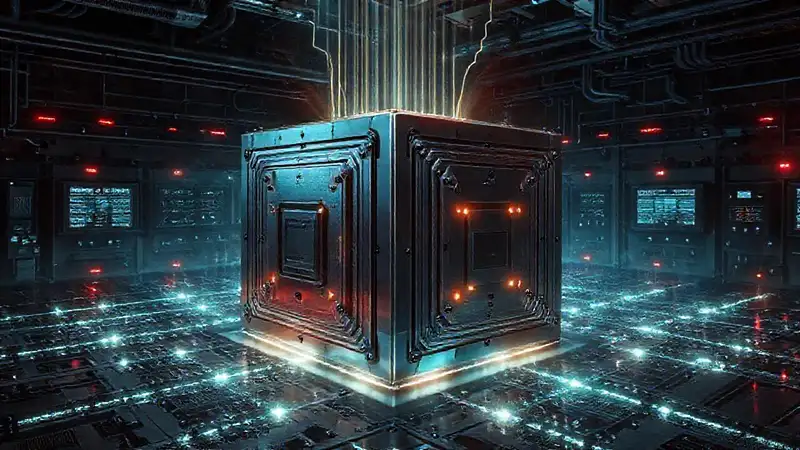 Cubo metálico brillante en entorno futurista