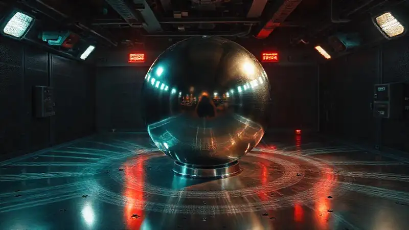 Esfera metálica en sala de alta tecnología