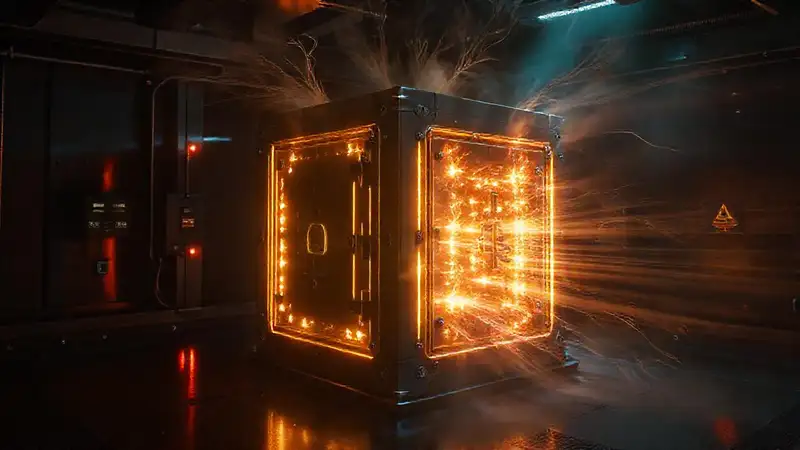 Cubo metálico misterioso en contención futurista
