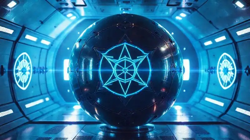 Esfera metálica luminosa en contención futurista