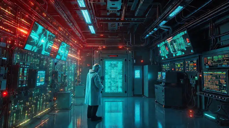 Laboratorio futurista con campos electromagnéticos y científicos