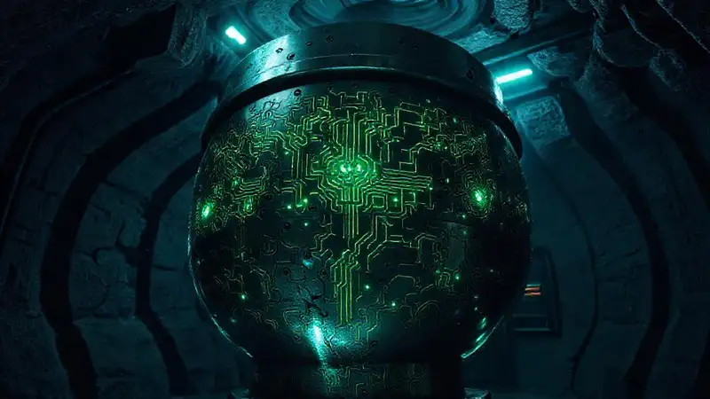 Escultura alienígena con circuitos y seguridad