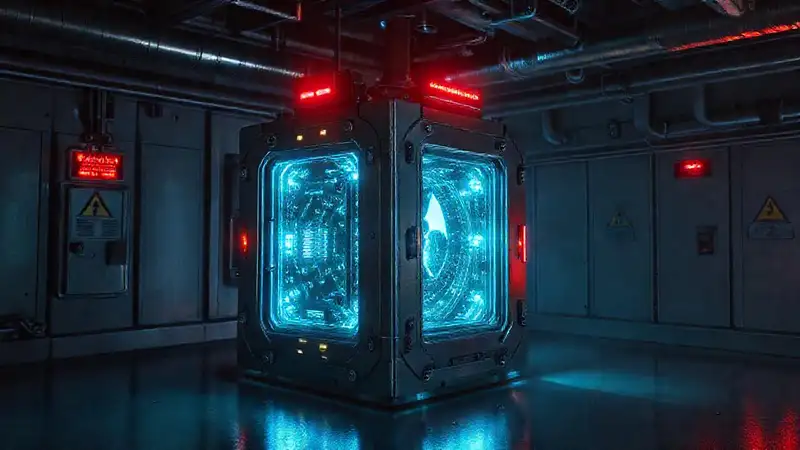 Objeto metálico con energía y advertencias tecnológicas
