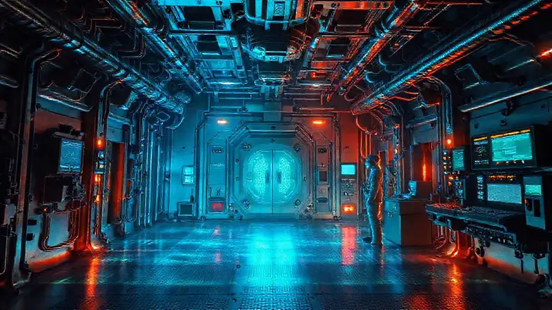 Estructura metálica en sala de contención futurista