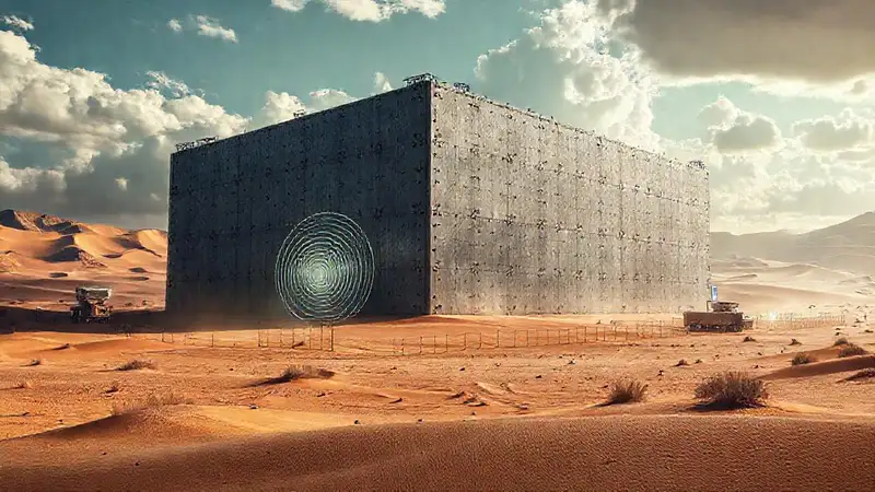 Paisaje desértico con estructura metálica y monitoreo