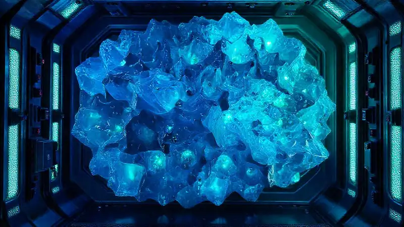 Estructura cristales luminiscentes en cámara futurista