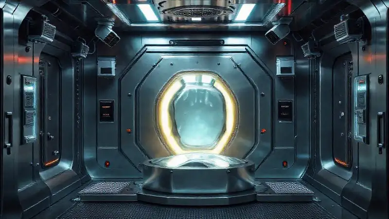 Habitación segura futurista, objeto metálico misterioso