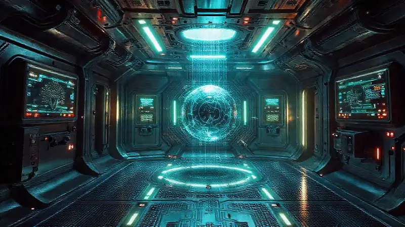 Cámara futurista con tecnología y objetos flotantes