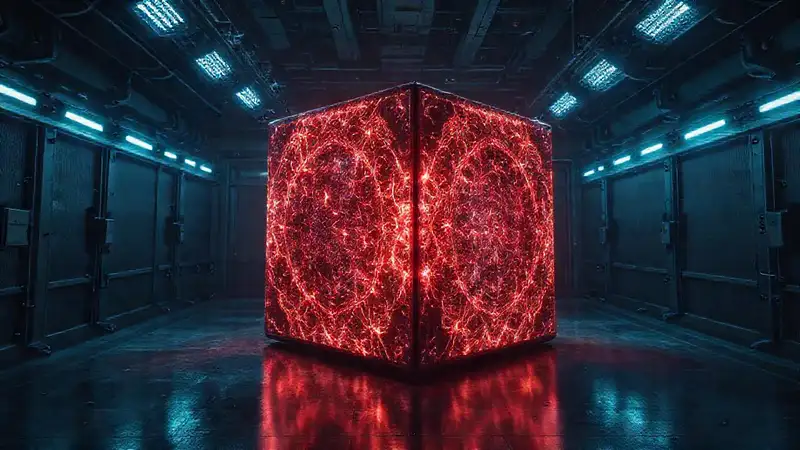 Objeto cúbico misterioso con patrones fractales