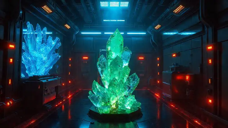 Almacén futurista con cristales y sistemas avanzados