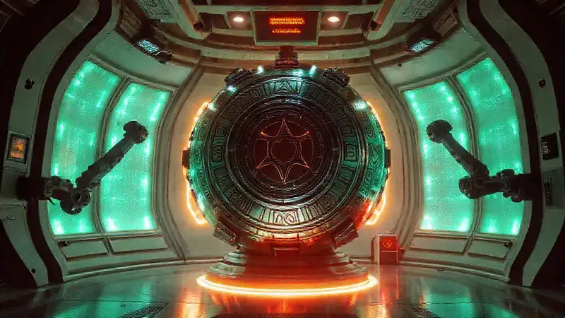 Esfera metálica en cámara futurista y peligrosa