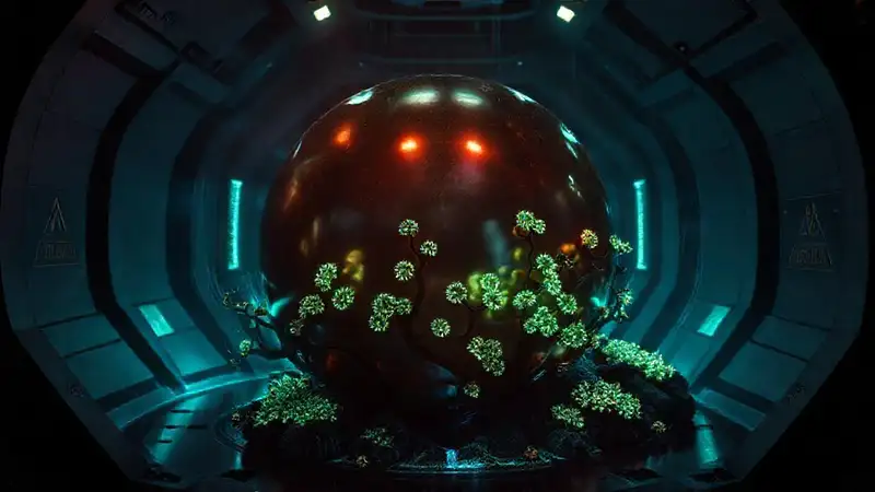 Esfera metálica en cámara futurista y luminosa