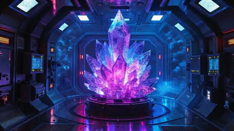 Estructura cristalina con luces y tecnología futurista