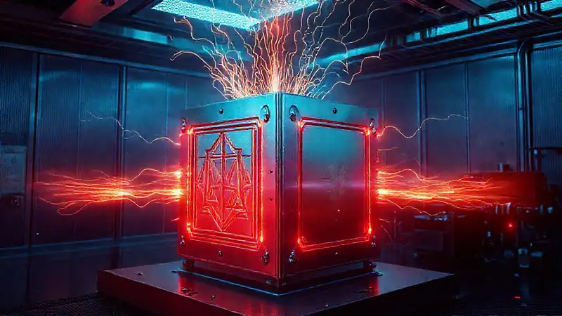 Cubo metálico con inscripciones y campo electromagnético
