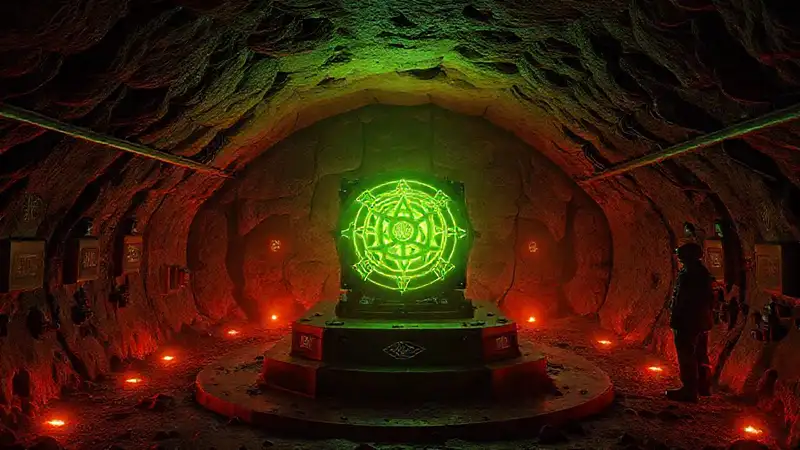 Búnker secreto con dispositivo misterioso y seguridad