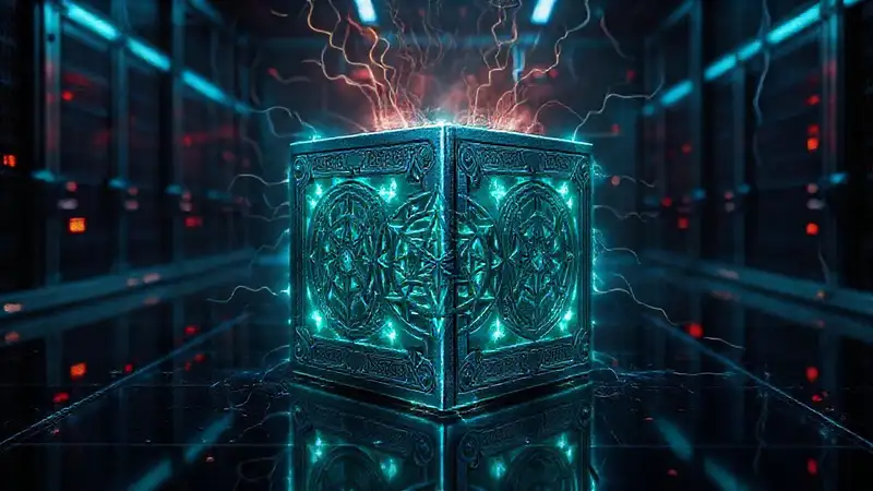Cubículo metálico con runas y energía luminosa