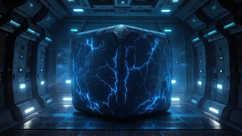 Objeto oscuro con venas azules y energía contenida