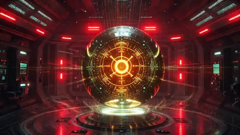 Esfera metálica con símbolos y distorsión espacial