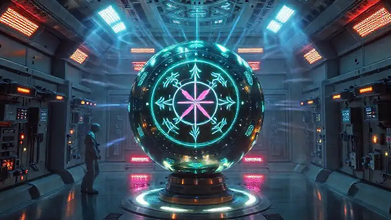 Esfera metálica misteriosa en entorno futurista