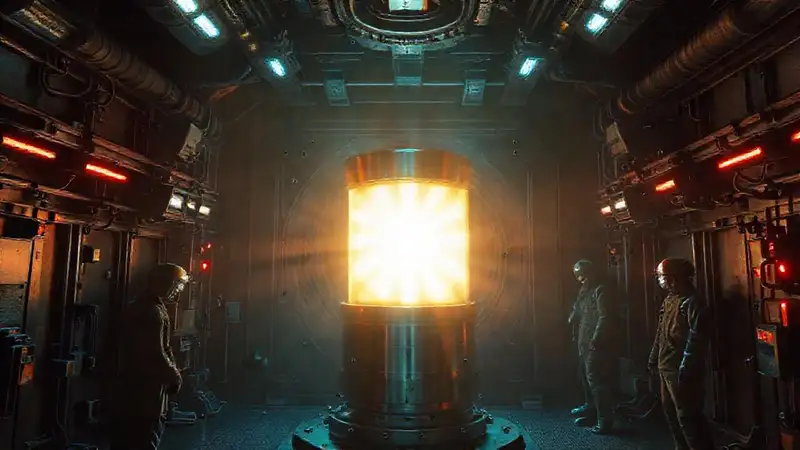 Artefacto metálico radia en laboratorio futurista