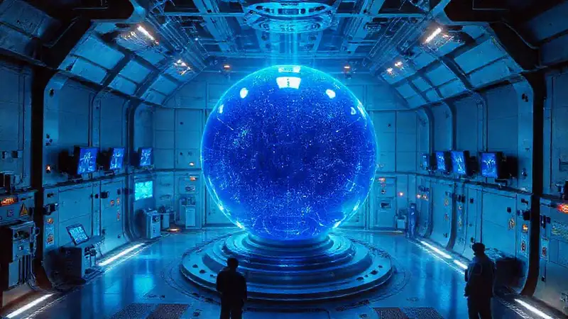 Esfera azul brillante en contención futurista segura