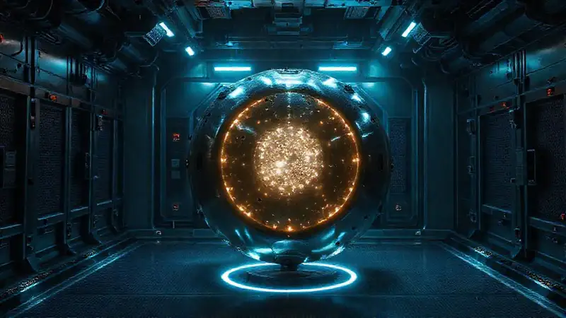 Objeto metálico brillante en cámara de contención
