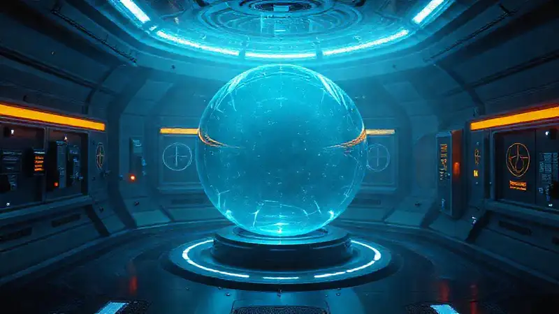 Esfera luminosa en sala futurista segura y misteriosa