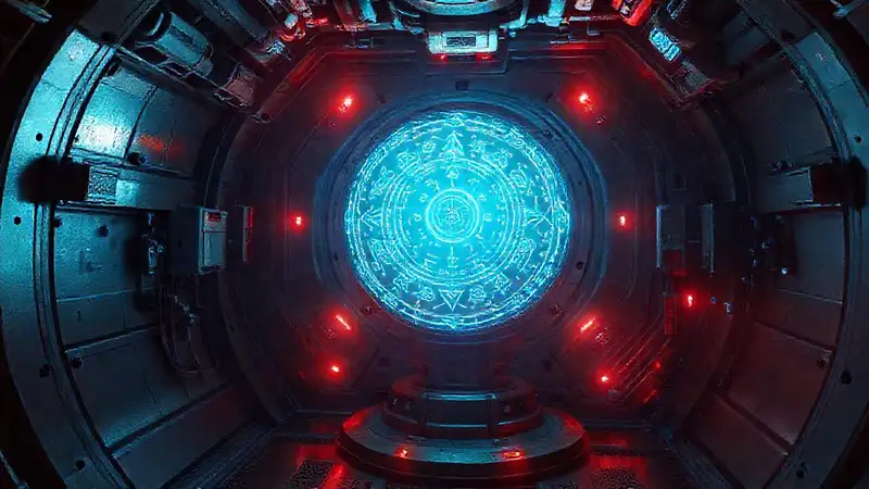 Esfera luminosa en entorno futurista y misterioso