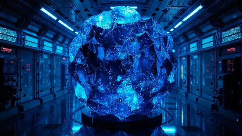 Cápsula futurista con estructura cristalina iridiscente