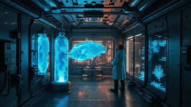 Laboratorio futurista con estructuras bioluminiscentes proteccionadas