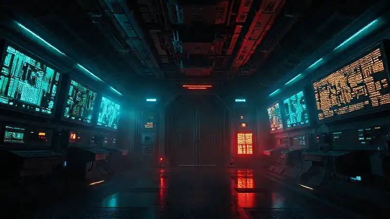 Bunker futurista con campos electromagnéticos y advertencias
