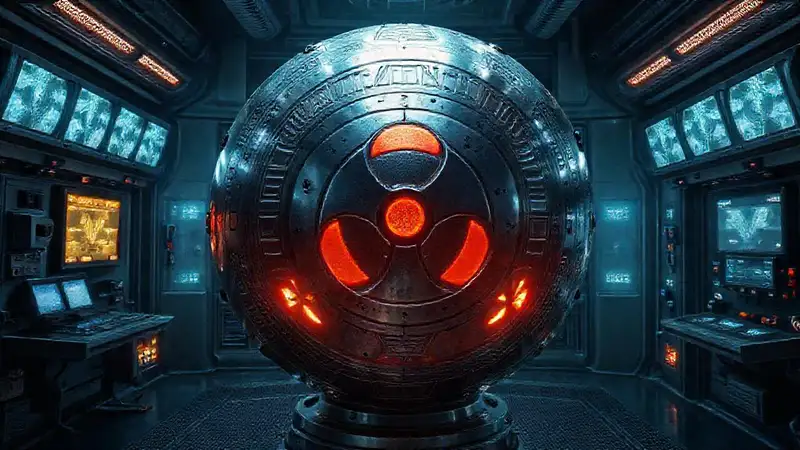 Esfera metálica en entorno futurista y misterioso