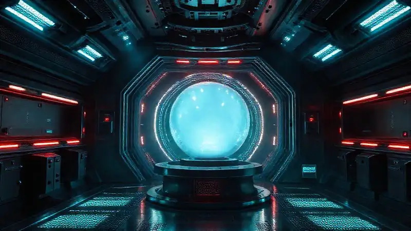 Laboratorio futurista con esfera y seguridad tecnológica
