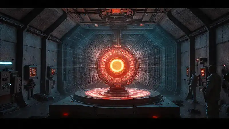 Laboratorio futurista con esfera luminosa y seguridad