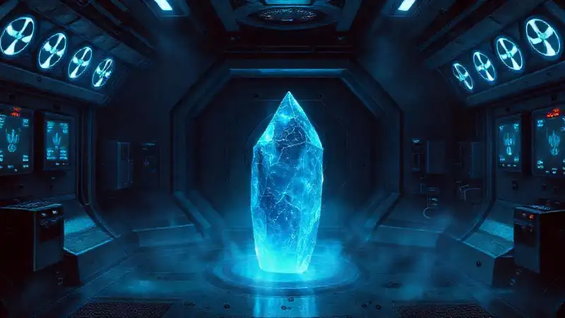 Cristal misterioso en cámara de contención futurista