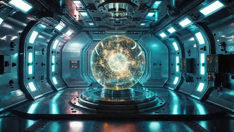 Cámara de contención futurista con esfera cuántica
