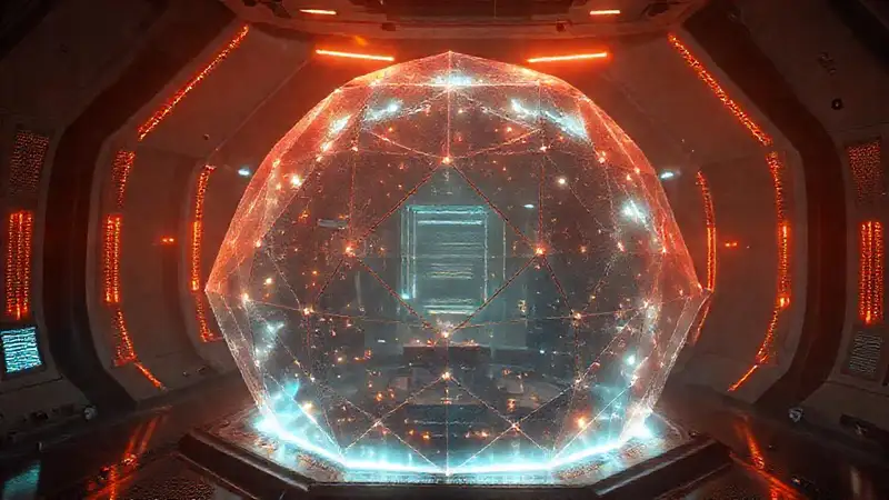 Estructura pulsante y luminosa en cámara tecnológica
