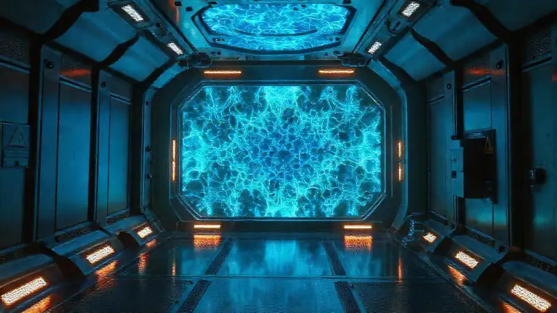 Cárcel futurista con seguridad y atmósfera ominosa