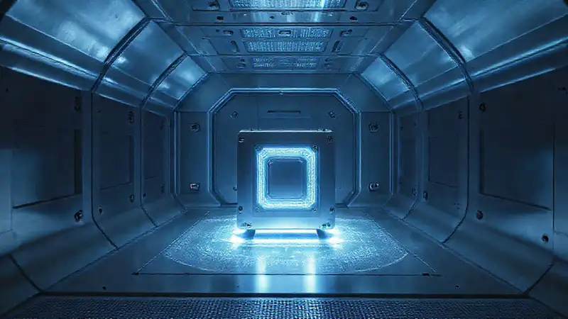 Cámera segura futurista con objetos metálicos y sensores