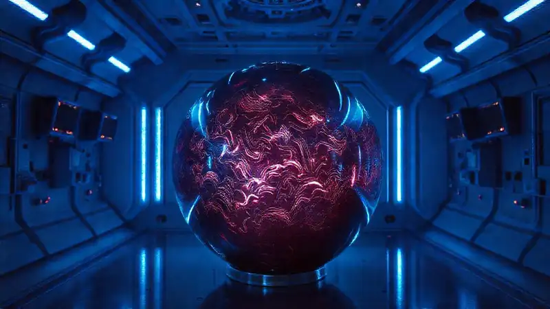 Esfera metálica misteriosa en contención futurista