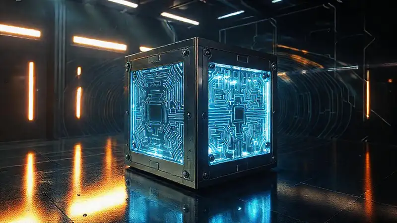 Cubo metálico con patrones y energía electrificada