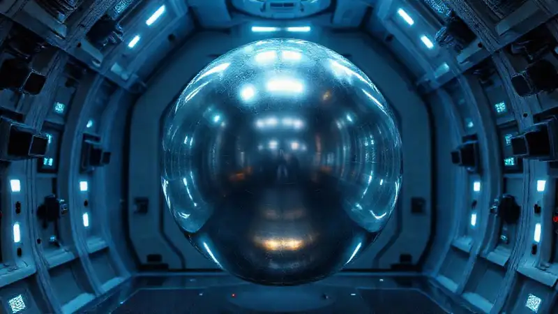 Esfera plateada futurista en entorno de alta tecnología