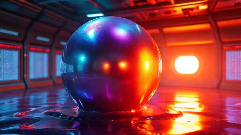 Esfera metálica iridiscente en cámara segura futurista