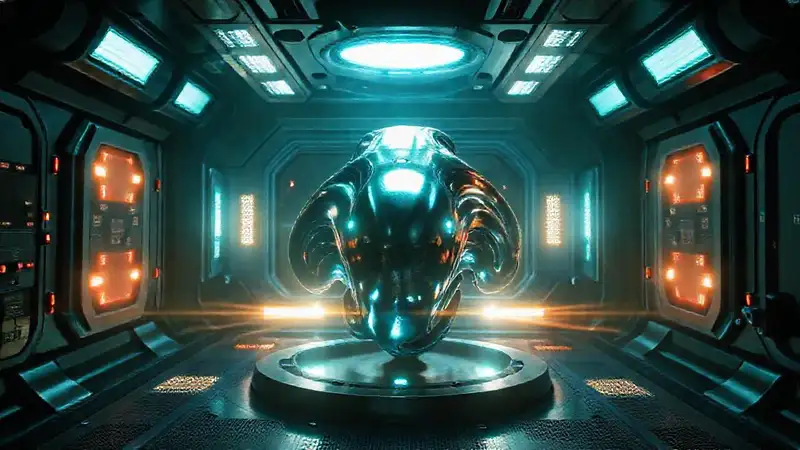 Habitación futurista con objeto enigmático y seguro