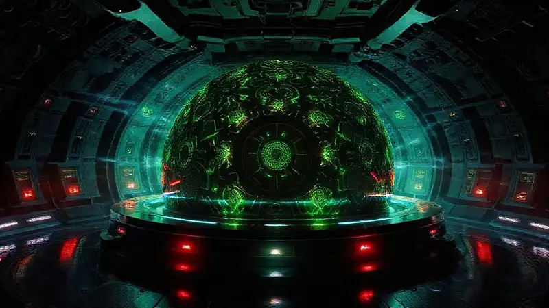 Estructura futurista con patrones fractales y reflejos