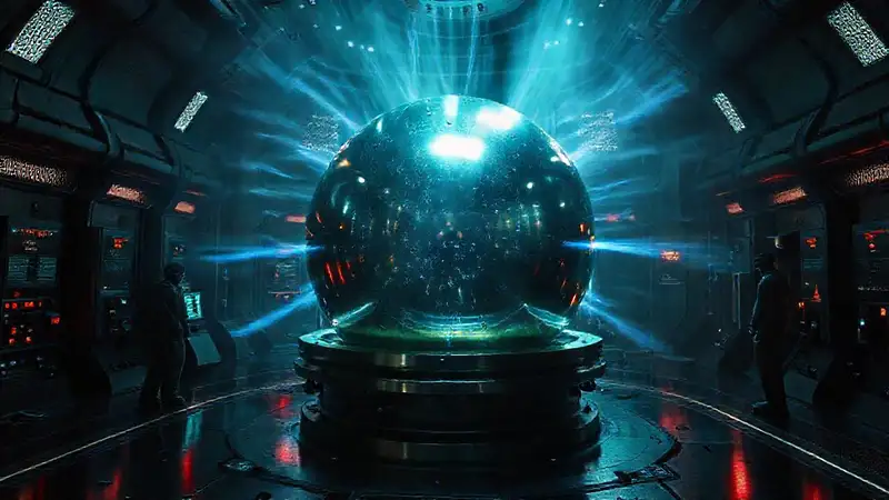 Esfera metálica misteriosa en cámara futurista