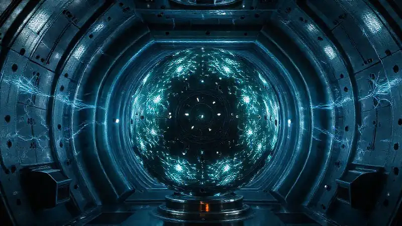 Esfera metálica misteriosa en cámara futurista