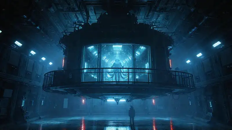 Estructura flotante misteriosa en entorno oscuro y seguro
