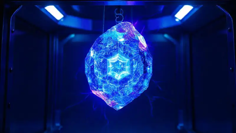 Cristal brillante en estructura metálica misteriosa