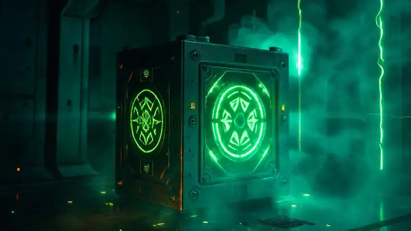 Cubo metálico misterioso con patrones luminosos y tecnológicos